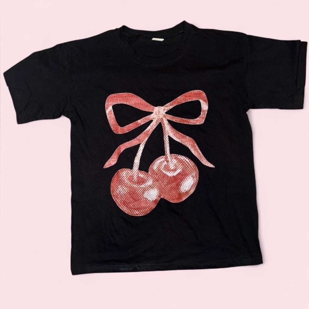 Graphic Cherry Cropped Black Baby Tee - Size L